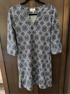 Jude Connally Megan Navy and White Printed V-Neck Dress Sz XS